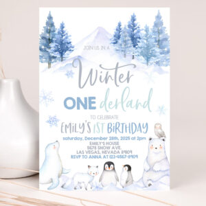 1 Winter Onederland Invitation Wonderland First 1st Birthday Party Invites Boy Girl Polar Bear Arctic Animals Woodland Forest 1