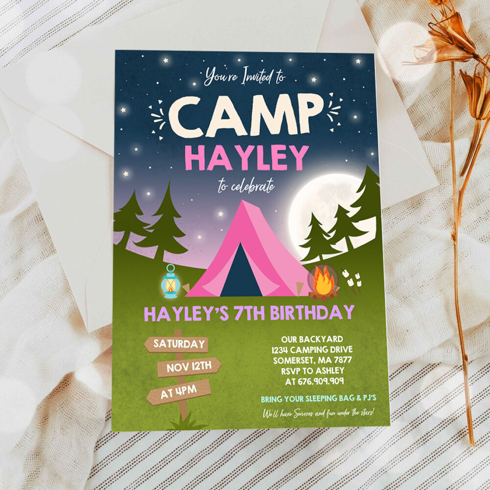 2 Camping Birthday Invitation Camping Party Invitation Camp Out Under The Stars Girly Glamping Party