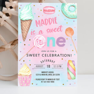2 Candy shes a sweet one 1st birthday invitation girl birthday invite candy sweets donut ice cream invite