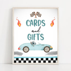 2 Cards and Gifts Sign Race Car Birthday Party Sign Two Fast Birthday 2 Curious Race Car Decor Racing Blue Boy Instant Download PRINTABLE 0424 1