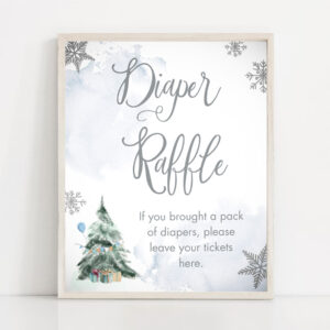 2 Diaper Raffle Winter Sign Winter Tree Watercolor Snowflake Baby Shower Sign Decor Diaper Table Girl Cold Outside Shower Download PRINTABLE 0363 1
