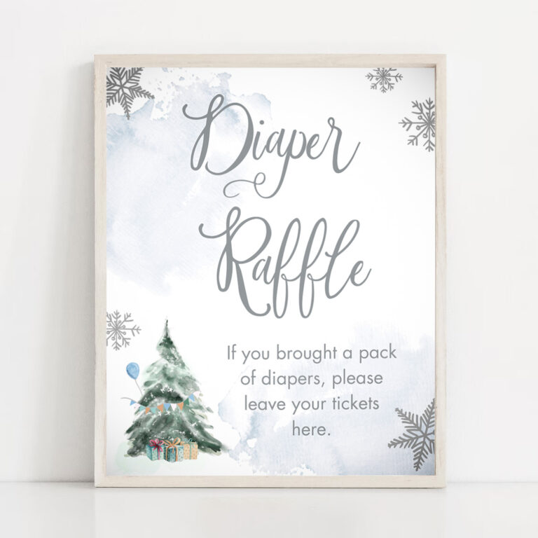 2 Diaper Raffle Winter Sign Winter Tree Watercolor Snowflake Baby Shower Sign Decor Diaper Table Girl Cold Outside Shower Download PRINTABLE 0363 1