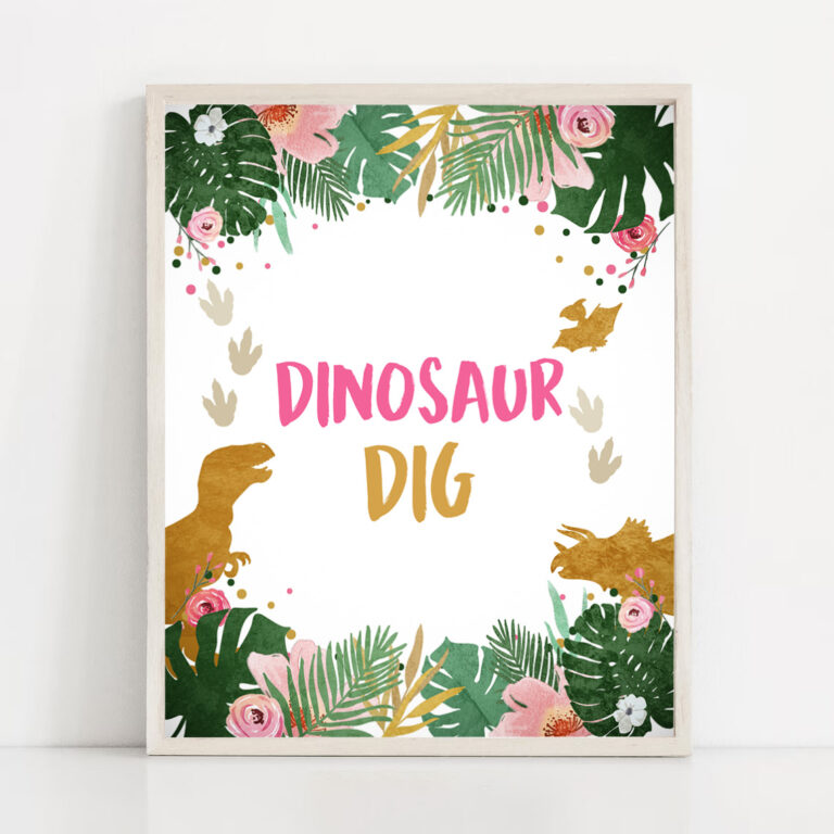 2 Dino Dig Sign Table Decor Dinosaur Dig Sign Prehistoric Party Girl Pink Gold Favor Table Jungle Dino Party Sign T Rex PRINTABLE 0146 1
