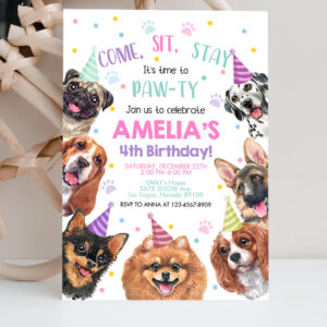 2 Dog Invitation Birthday Party Invites Puppy Pawty Boy Girl First Come Sit Stay Pet Theme EDITABLE Digital Template