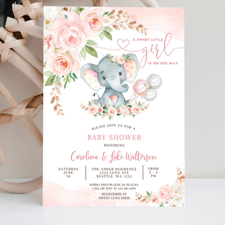 2 EDITABLE Blush Pink Rose Gold Elephant Baby Shower Invitation Girl Baby Elephant Invite Printable Template