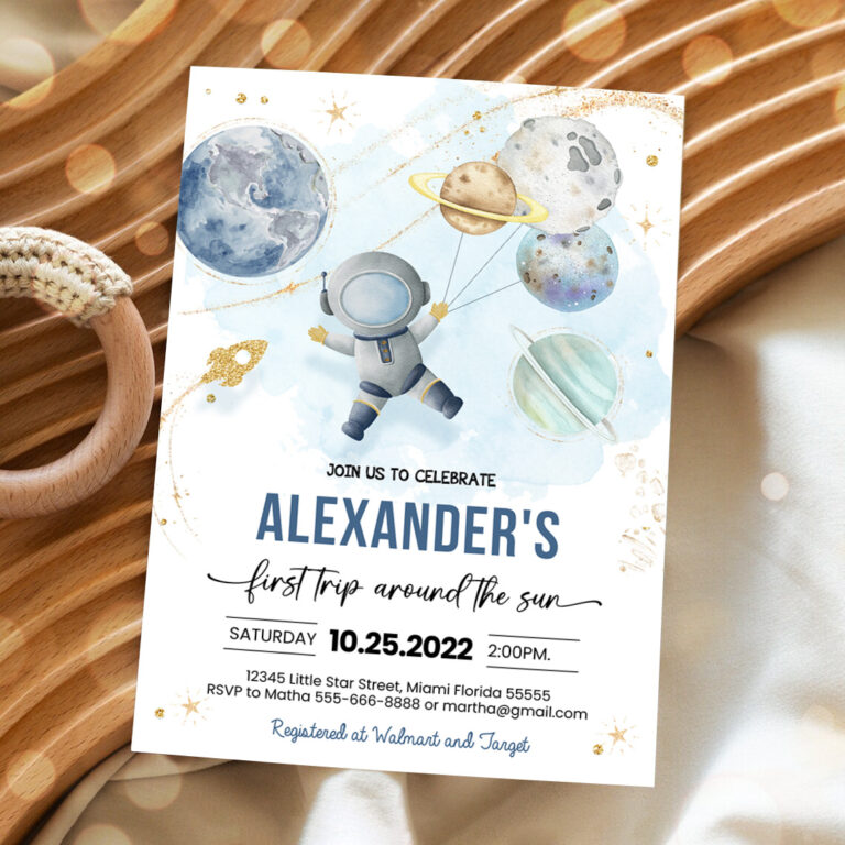 2 EDITABLE First Trip Around the Sun Outer Space First Birthday Party Invitation Galaxy Blast Off Printable Templates