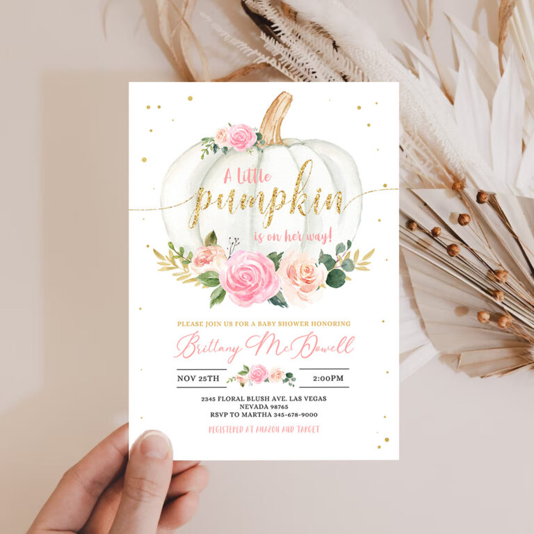 2 EDITABLE Pumpkin Baby Shower Invitation Floral Pink and gold Girl little Pumpkin Baby Shower Invites Fall Autumn
