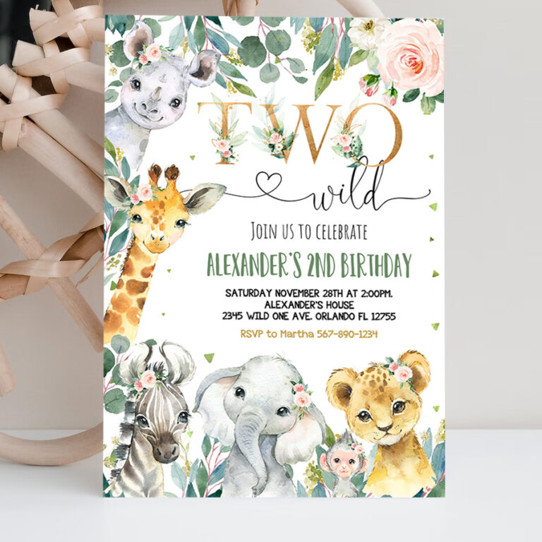 2 EDITABLE Safari Birthday Invitation Girl Two Wild Birthday Invite 2nd Gold Jungle Animals invitations Printable Template
