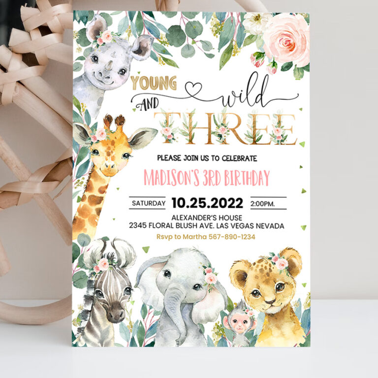 2 EDITABLE Safari Birthday Invitation Girl Young Wild and Three Birthday Invite 3rd Jungle Animals invite Printable Template