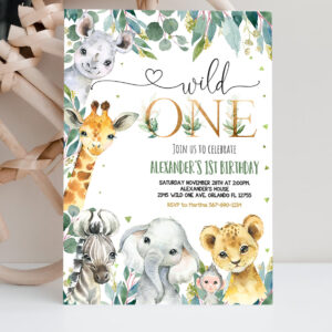 2 EDITABLE Safari Birthday Invitation Wild One 1st Birthday Invite Gold Jungle Animals invitations Printable template