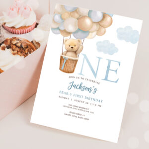 2 Editable 1st Birthday Boy Teddy Bear Hot Air Balloon Birthday Invitation Beary 1st Birthday Invite Printable