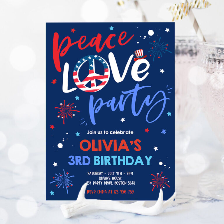 2 Editable 4th Of July Birthday Party Invitation Peace Love Party 4th Of July Birthday Memorial Day Independence Day Blue Party