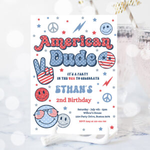 2 Editable 4th Of July Birthday Party Invitation Retro American Dude Birthday Party Invite America Vibes Birthday Party