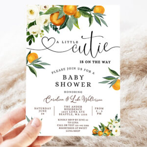 2 Editable A Little Cutie is on the Way Greenery Orange Gender Neutral Couples Baby Shower Invitation Invites Template