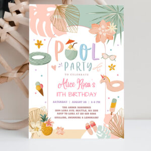 2 Editable ANY AGE Girl Tropical Pool Party Birthday Invitation Modern Simple Chic Pool Party Birthday Invite