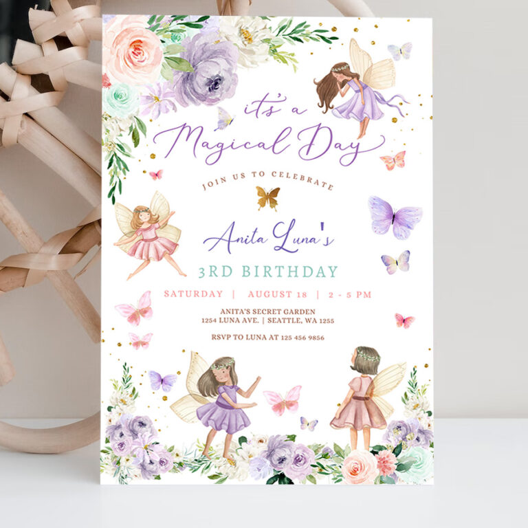 2 Editable ANY AGE Purple Pink Fairy Birthday Invitation Butterfly Magical Wildflower Fairy Fairy Birthday Invite