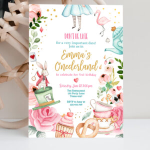 2 Editable Alice In Wonderland Birthday Party Invitation Girl First Birthday 1st Onederland Tea Party Pink Printable Template Corjl Digital 0350 1