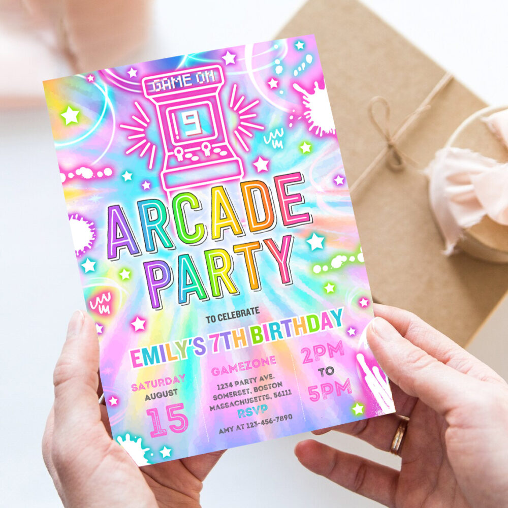 2 Editable Arcade Party Birthday Invitation Tie Dye Neon Video Gaming Arcade Birthday Party Light Neon Glow Gaming Party