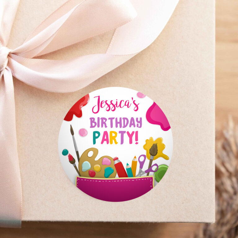 2 Editable Art Party Favor Tags Painting Party Thank You Tag Sticker Art Birthday Girl Pink Craft Paint Brush Corjl Template Printable 0319 1
