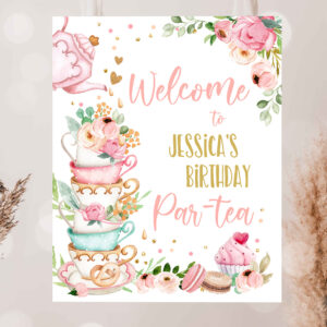 2 Editable Birthday Tea Party Welcome Sign Birthday Par tea Floral Pink Gold Whimsical Girl Shower Garden Party Template PRINTABLE Corjl 0349 1