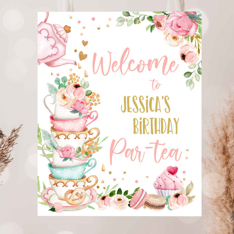 2 Editable Birthday Tea Party Welcome Sign Birthday Par tea Floral Pink Gold Whimsical Girl Shower Garden Party Template PRINTABLE Corjl 0349 1