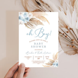 2 Editable Blue Pampas Grass Boho Baby Shower Invitation Boy Minimalist Pastel Baby Shower Invites Printable