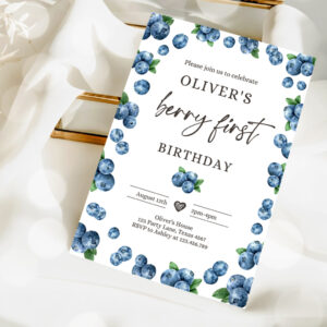 2 Editable Blueberry Party Birthday Invitation First Birthday Berry Sweet Boy Cute Blueberries 1st Download Printable Template Corjl Digital 0399 1