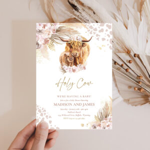 2 Editable Boho Cow Baby Shower Invitation Holy Cow Were Having A Baby Pink Pampas Grass Boho Highland Cow Baby Shower Instant Download K4 1