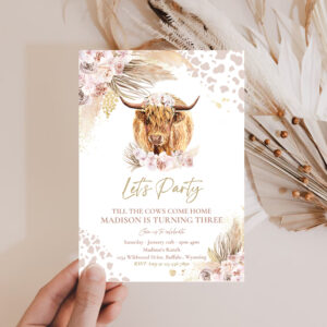 2 Editable Boho Cow Birthday Party Invitation Lets Party Till The Cows Come Home Pampas Grass Highland Cow Party Instant Download Editable K4 1