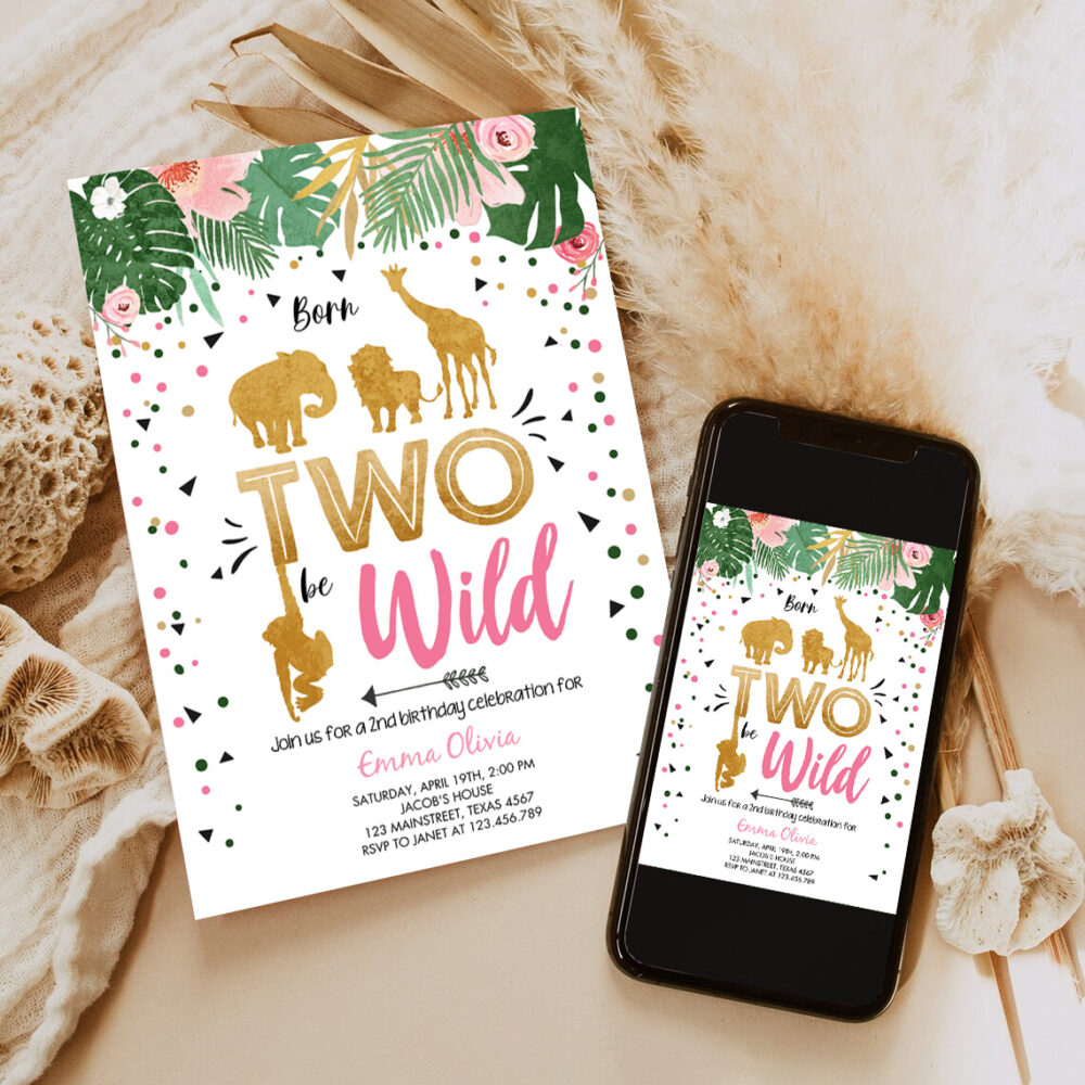 2 Editable Born Two Be Wild Birthday Invitation Girl Animals Jungle Safari Pink Gold 2nd Birthday Download Printable Template Corjl 0016 1