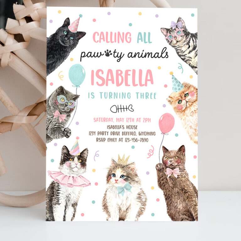 2 Editable Calling All Paw ty Animals Kitten Birthday Party Invitation Cat Birthday Party Lets Pawty Kitty Cat Party