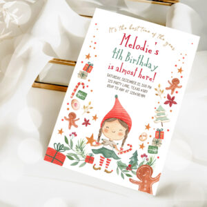2 Editable Christmas Birthday Party Invitation Elf Birthday Invite Winter Best Time of The Year Girl Pink Gold Printable Template DIY 0358 1