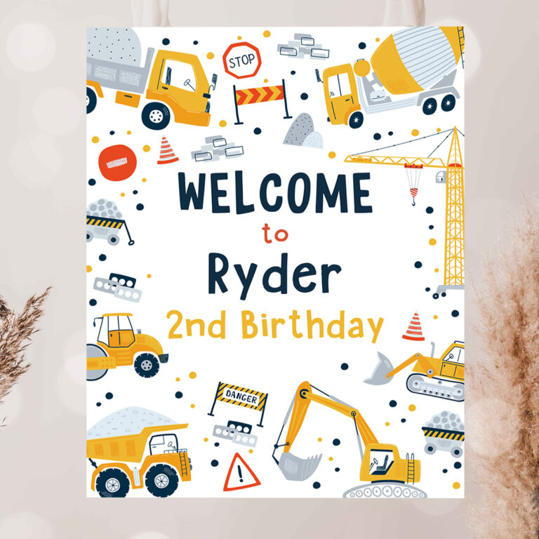 2 Editable Construction Welcome Sign Dump Truck Digger Excavator Construction Welcome Birthday Party Welcome Sign Favors Instant Download AC 1