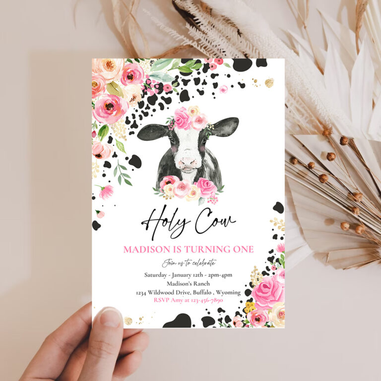 2 Editable Cow Birthday Party Invitation Holy Cow Im One Birthday Party Pink Floral Farm Cow 1st Birthday Party