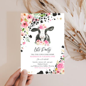 2 Editable Cow Birthday Party Pink Invitation Lets Party Till The Cow Come Home Birthday Party Floral Farm Cow Birthday Party