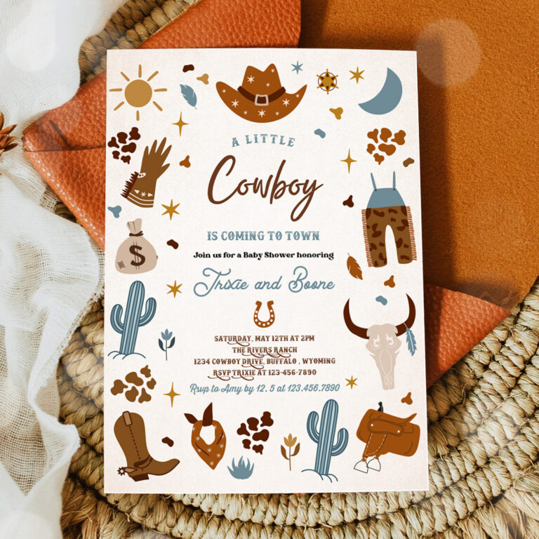 2 Editable Cowboy Baby Shower Invitation A Little Cowboy Is Coming To Town Wild West Rodeo Southwestern Ranch Baby Shower Instant Download CW 1