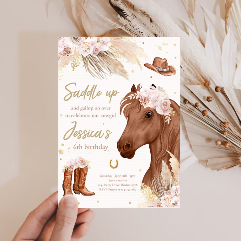 2 Editable Cowgirl Birthday Invitation Boho Horse Birthday Party Invite Muted Pink Tone Pampas Grass Cowgirl Horse Party
