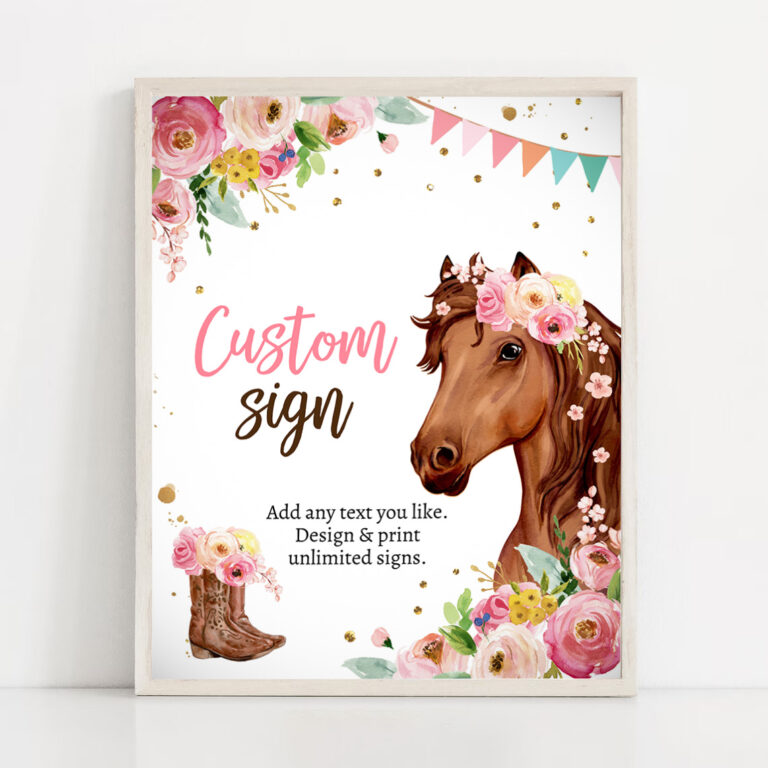 2 Editable Custom Horse Birthday Party Custom Sign Saddle Up Cowgirl Party Sign Pink Horse Floral Girl Table Sign 8x10 Corjl Template Printable 0408 1
