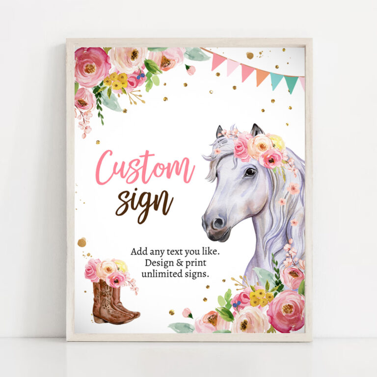 2 Editable Custom Horse Birthday Sign Saddle Up Cowgirl Party Sign Pink Horse Floral Girl Table Sign 8x10 Corjl Template Printable 0408 1