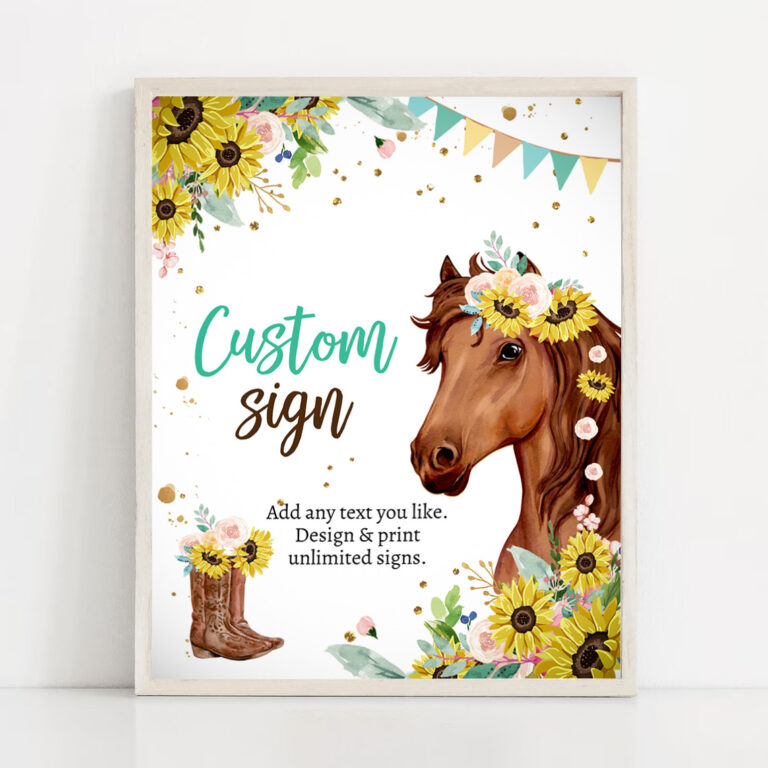 2 Editable Custom Sign Horse Birthday Party Sign Saddle Up Cowgirl Party Sign Sunflowers Horse Girl Table Sign 8x10 Corjl Template Printable 0408 1