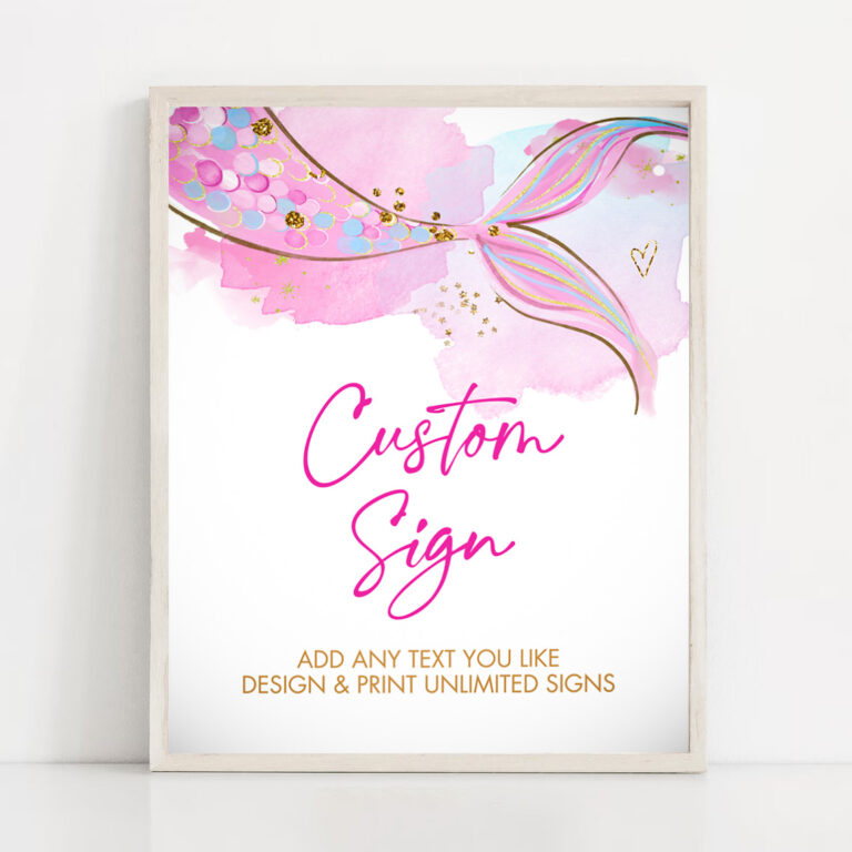 2 Editable Custom Sign Mermaid Tail Watercolor Pink Aqua Girl Birthday Shower Table Sign Decoration 8x10 Download Printable 0403 1