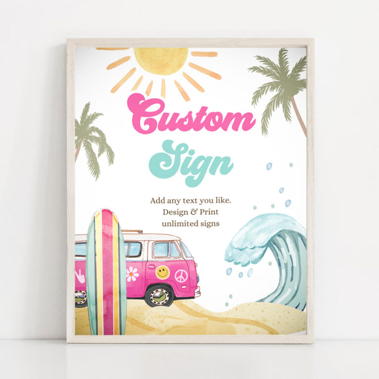 2 Editable Custom Sign Surf Birthday Party Sign Girl The Big One Surfs Up Birthday Sign Beach Party Retro Wave Template Corjl PRINTABLE 0433 1