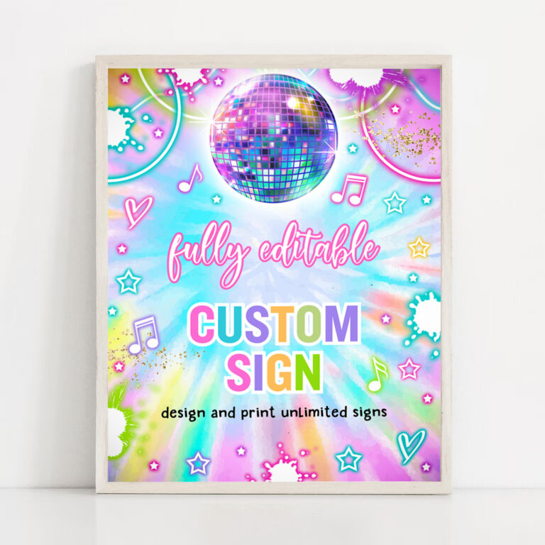 2 Editable Dance Birthday Party Custom Party Table Sign Tie Dye Dance Glow Neon Dance Party Favors Disco Dance Party Instant Editable File Y1 1
