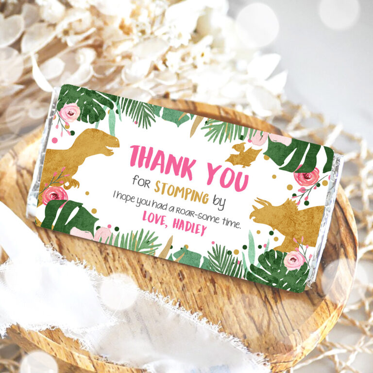 2 Editable Dinosaur Chocolate Bar Labels Candy Bar Wrapper Safari Tropical Gold Pink Girl Birthday Download Corjl Template Printable 0146 1