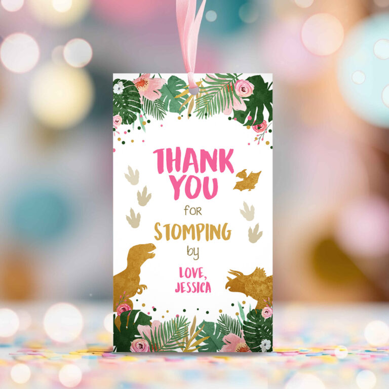 2 Editable Dinosaur Favor Tags Gift Tag Girl Pink Gold Thank You for Stomping By Tag Birthday Dino Party T Rex Corjl Template Printable 0146 1