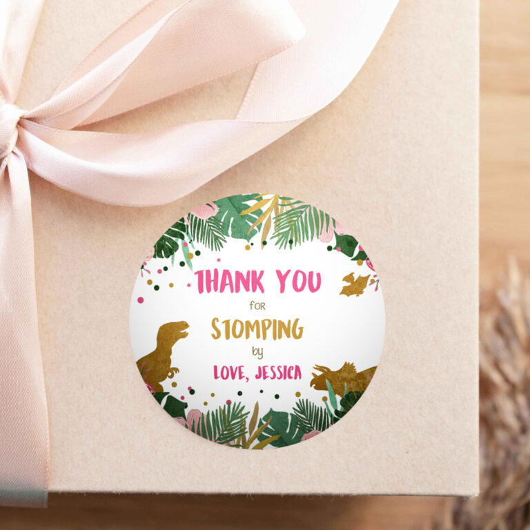 2 Editable Dinosaur Favor Tags Gift Tag Girl Pink Gold Thank You for Stomping By Tag Birthday Round Square T Rex Corjl Template Printable 0146 1