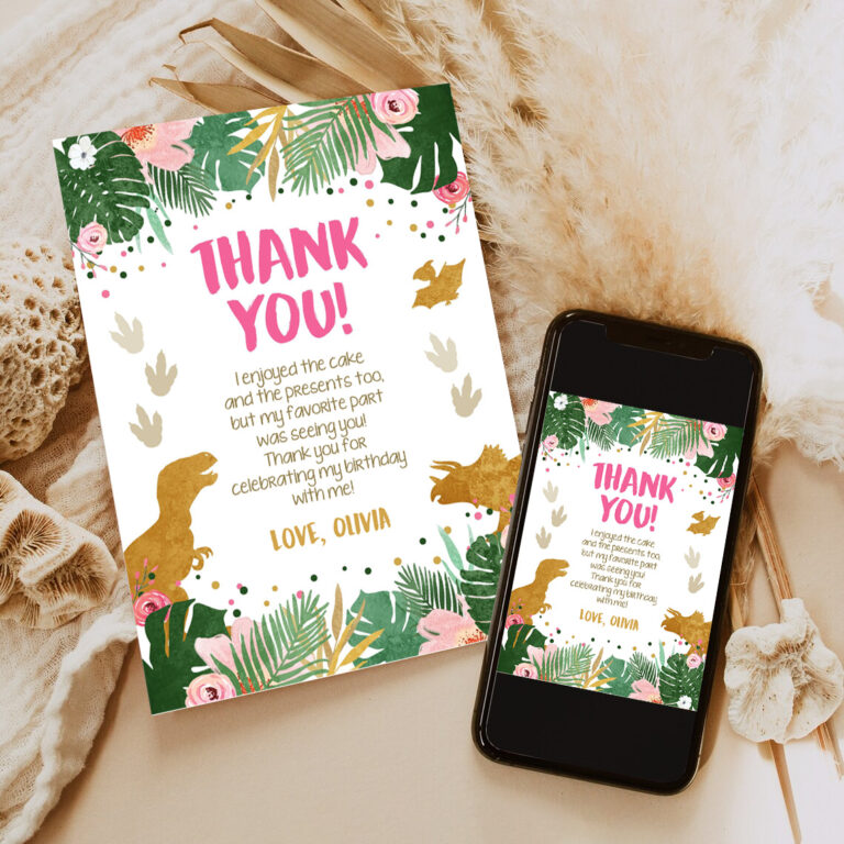 2 Editable Dinosaur Thank You Card Birthday Note Pink Gold Girl Dino Party T Rex Instant Download Printable Corjl Template Digital 0146 1