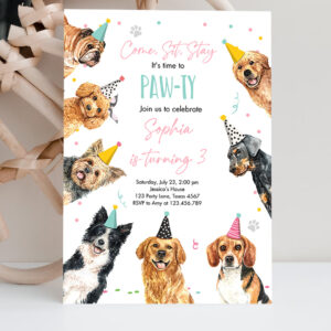 2 Editable Dog Birthday Party Invitation Puppy Birthday Pink Girl Doggy Shelter Animal Pet Party Invitation