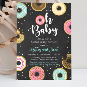 2 Editable Donut Baby Shower Invitation Oh Baby Coed Shower Doughnut Sweet Chalk Gender Neutral Pink Girl Corjl Template Printable 0050 1