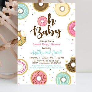 2 Editable Donut Baby Shower Invitation Oh Baby Coed Shower Doughnut Sweet Gender Neutral Pink Girl Download Corjl Template Printable 0050 1